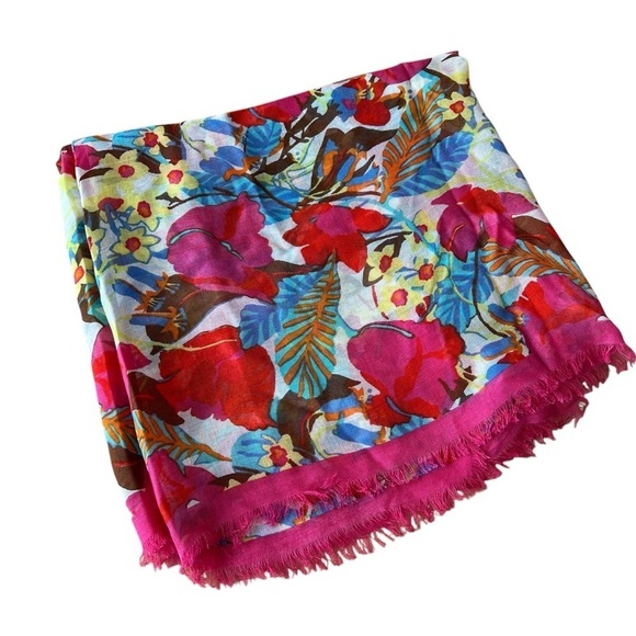 J MCLAUGHLIN GISELLE SCARF 50X50 FRINGE DRAPE FLORAL ARTSTY CHIC MODAL SILK - Picture 7 of 12